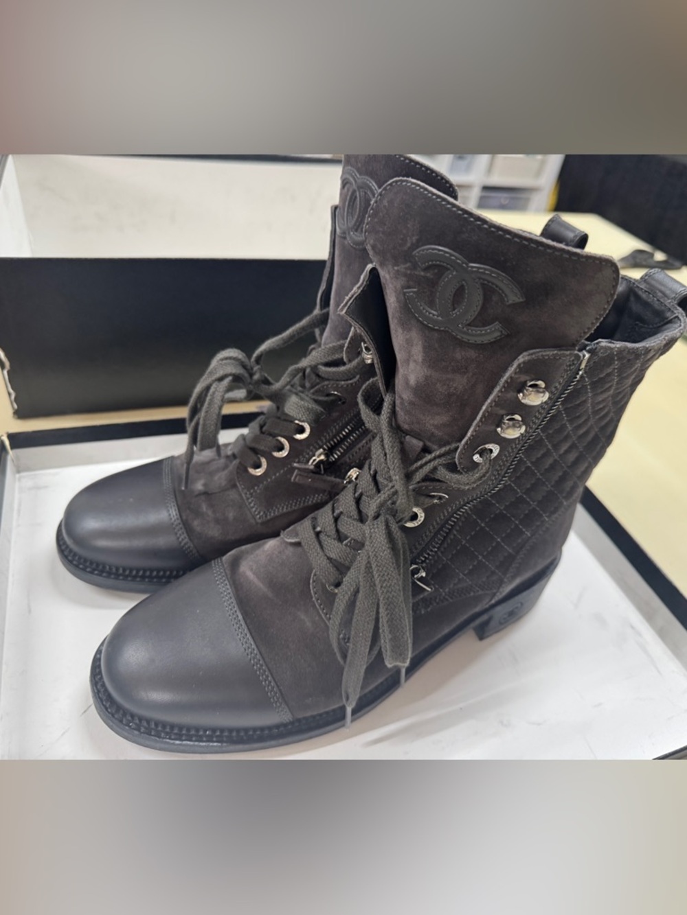 CHANEL Dark Gray Quilted Leather & Suede Lace-Up Combat Boots